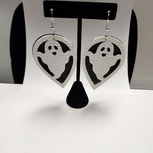 Handmade glitter faux leather dangle earrings with ghost